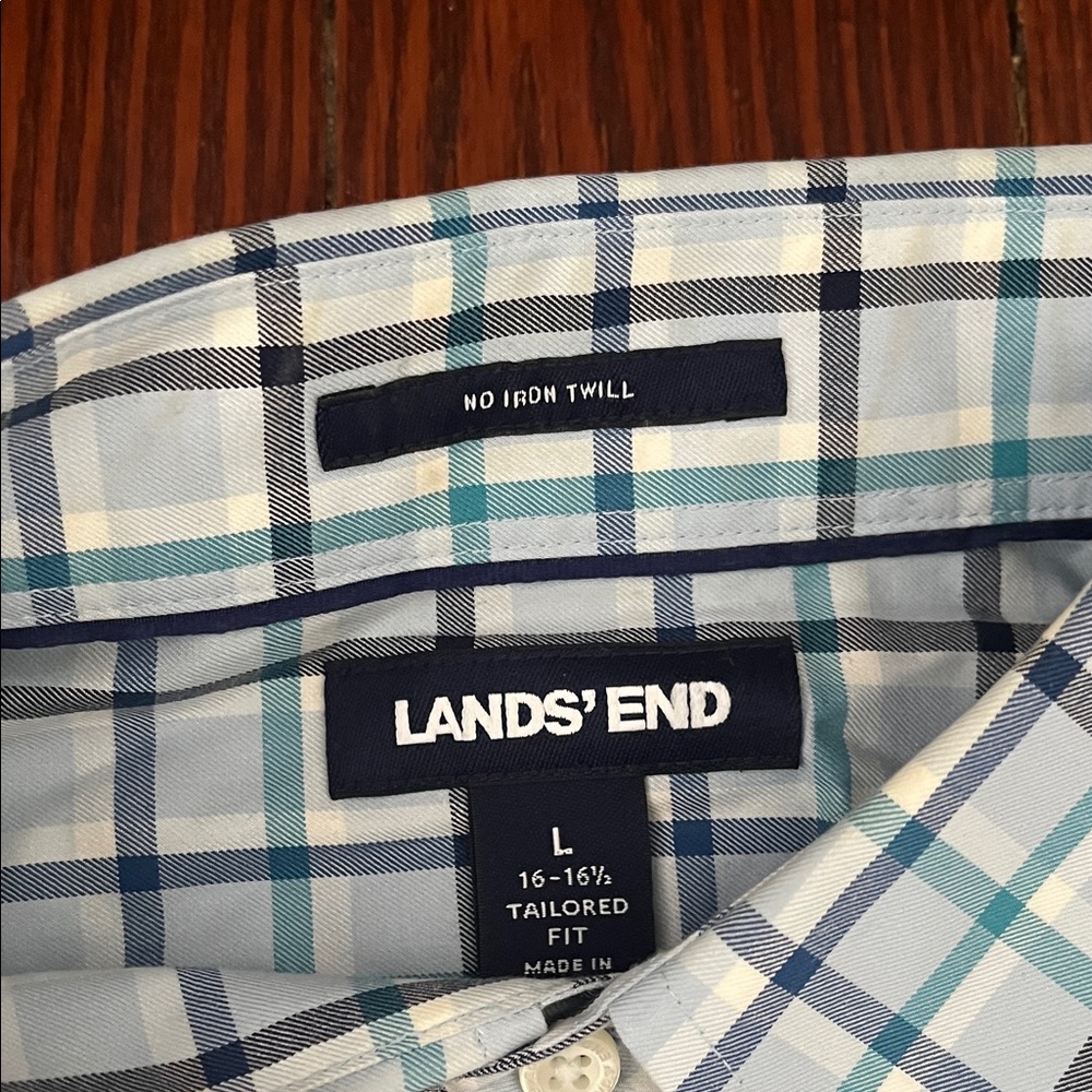 Lands' End Men's Plaid Shirt - Blue and White - Picture 2 of 6